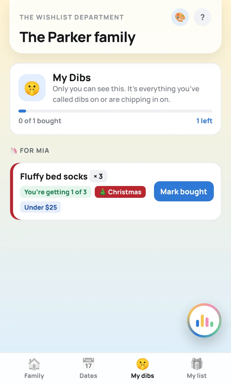 The My Dibs tab: a progress bar showing 0 of 3 bought, then each wish grouped by person with a Mark bought button
