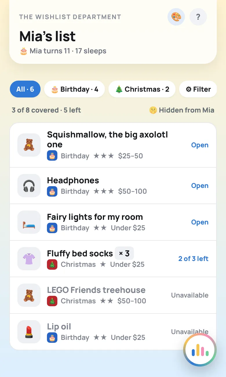 A guest link for Mia's list: each wish in a row, with taken ones marked Unavailable