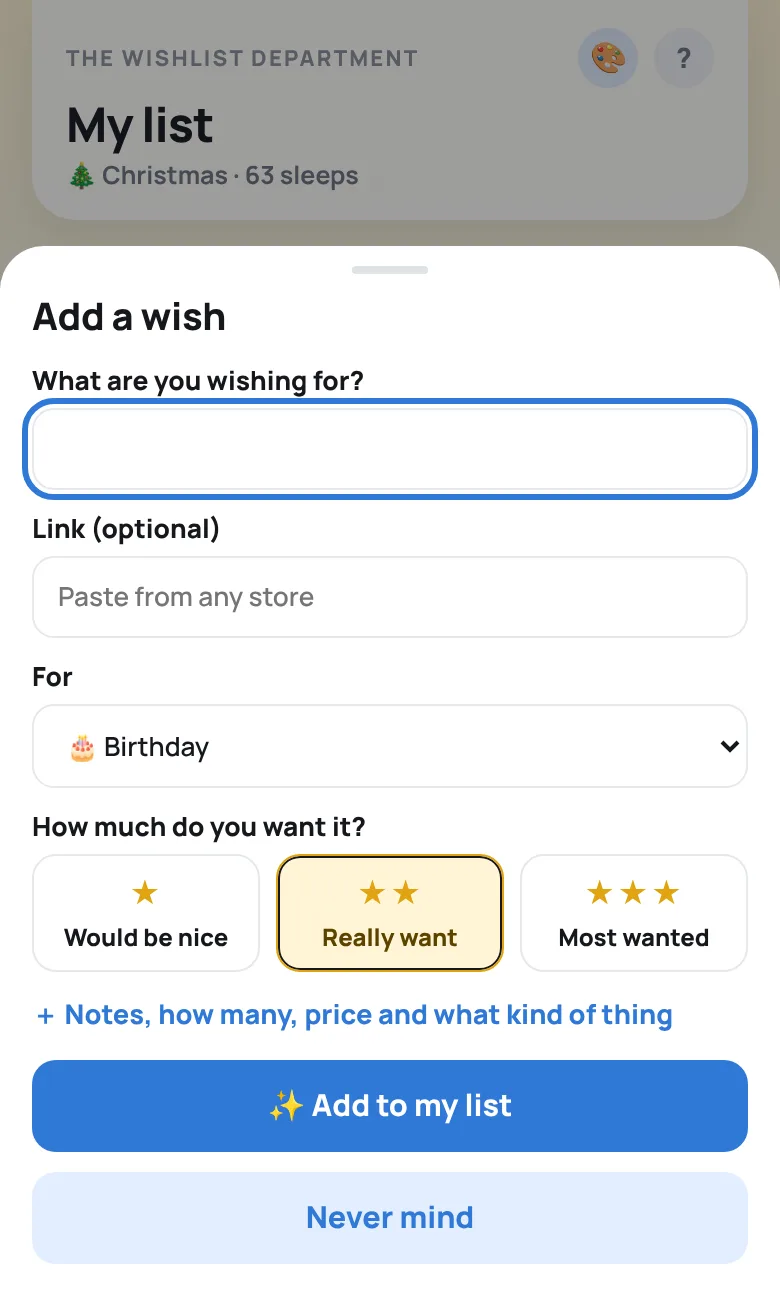 The Add a wish form on a My list page: what you're wishing for, a link, which occasion and how much you want it