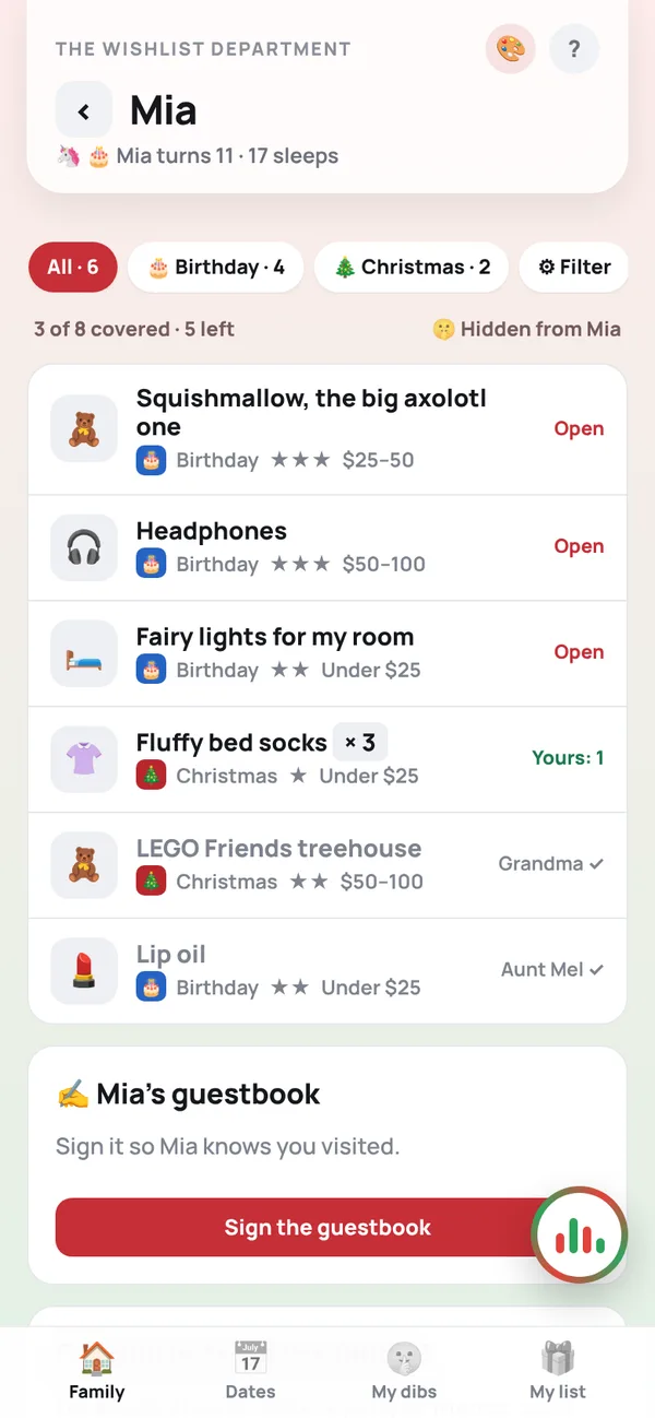 Browsing Mia's list with call dibs buttons