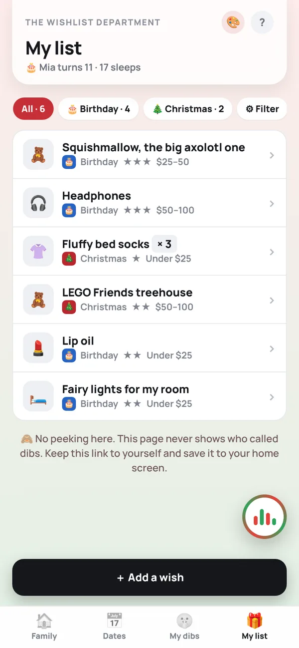 Mia's own list, where she adds wishes and never sees dibs